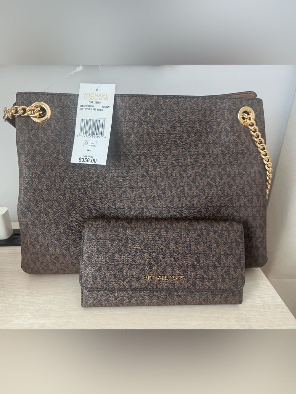 Michael Kors Brown MK Monogram Tote with Matching Wallet